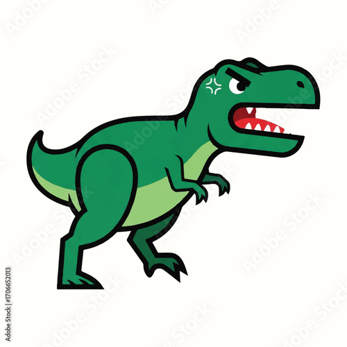 Vintage-style illustration of an angry green T-Rex with a star on its cheek, standing aggressively with an open mouth and sharp teeth.