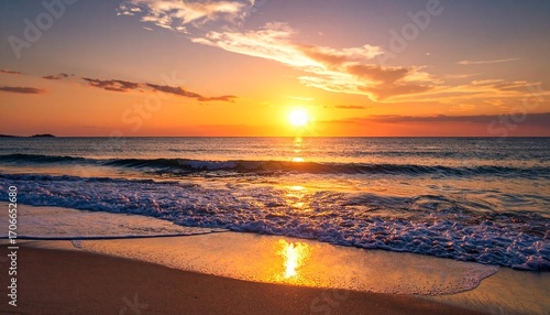 海に沈む夕日・夕焼けに照らされる海岸線