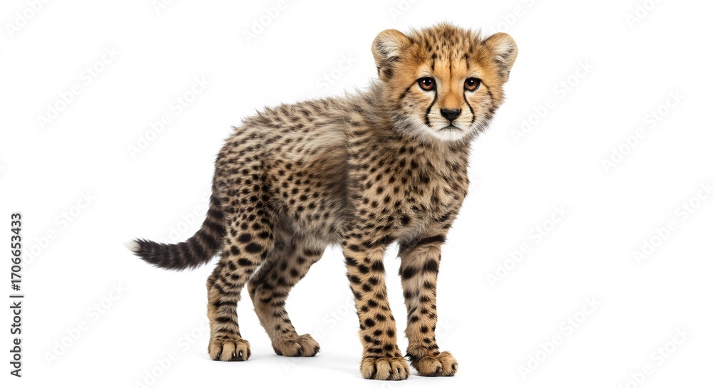 Obraz premium Adorable cheetah cub stands alert against bright white background. AI Generated