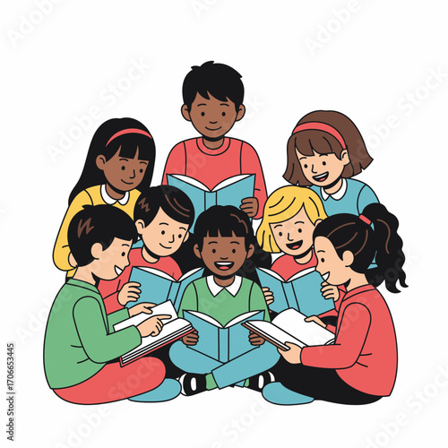 An illustration of a diverse group of children sitting in a circle on the floor, happily reading books together.