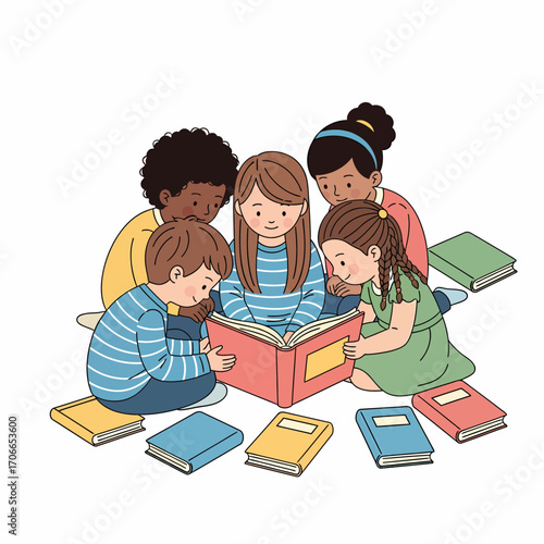 Children reading a book together, sitting on the floor surrounded by books.
