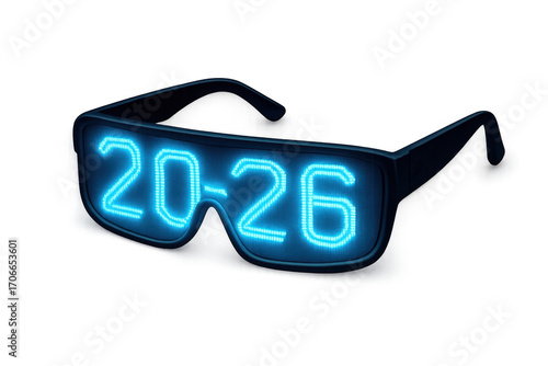 Futuristic glasses showing year 2026 with led lights on transparent background