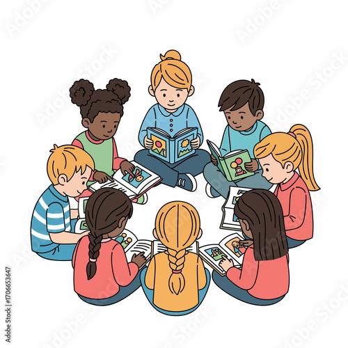 A diverse group of young children sitting together in a circle on the floor, each engrossed in reading their own colorful book.