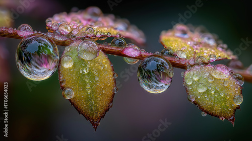 Macro close-up of green leaves with red edges and water droplets on plant branch, natural fresh background for wallpaper and design