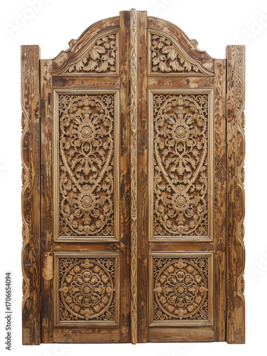 Ancient brown wooden door with intricate carvings, a detailed piece of oriental art and architecture