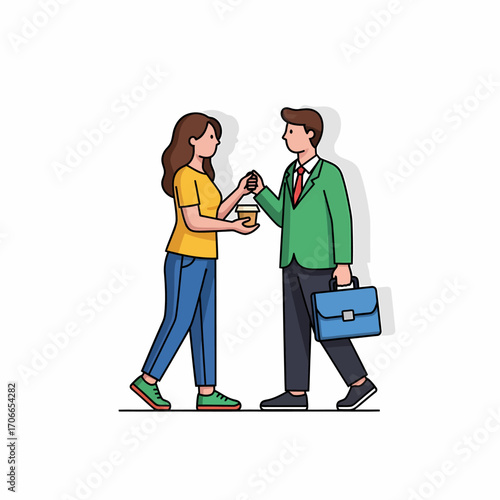 Woman giving coffee to a businessman with a briefcase, vector illustration.