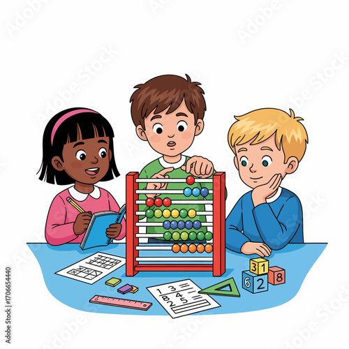Three diverse children learning mathematics together using an abacus, blocks, and worksheets at a table.