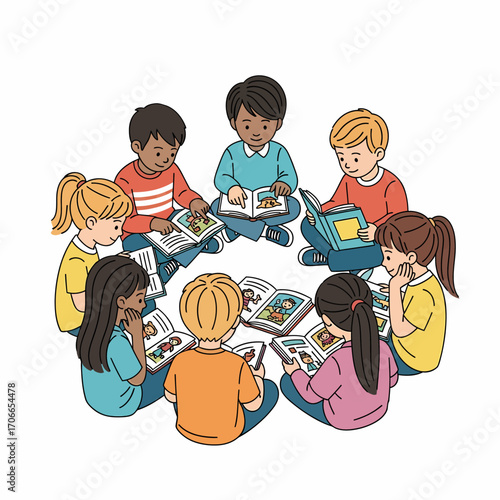 A diverse group of young children sitting together in a circle on the floor, happily reading books.