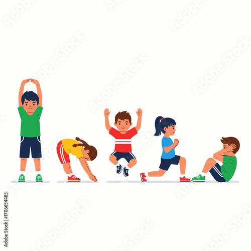 Five diverse children performing various physical exercises like stretching, jumping, lunges, and sit-ups, promoting health and fitness.