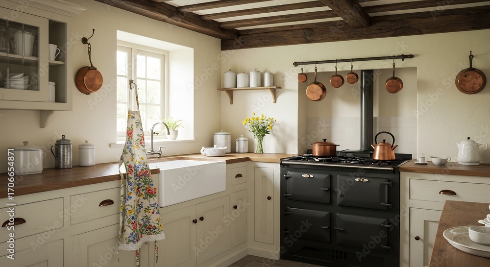 Fototapeta premium Rustic Cream Kitchen Warmly Lit Copper Pots Gleam. AI Generated