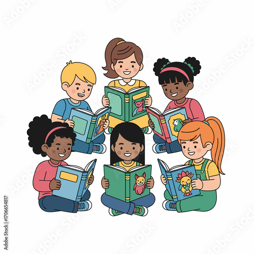 Illustration of diverse children sitting in a circle, each engrossed in reading books.