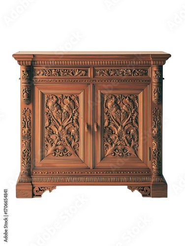 Antique, wooden chest of drawers with gold metal details