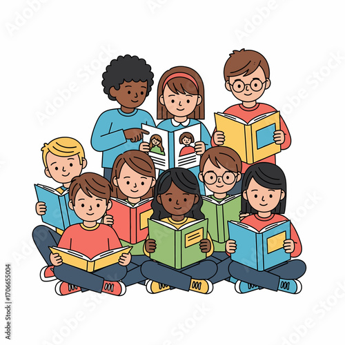 Group of diverse children sitting and reading books together.