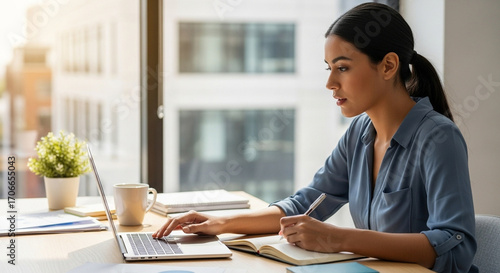 Portrait young latina or indian business woman using laptop pc working at desk writing notes, watching educational online webinar. Female student looking at computer screen device, studying in office