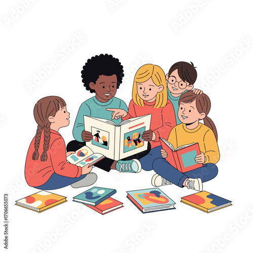 Group of children sitting in a circle reading books together.