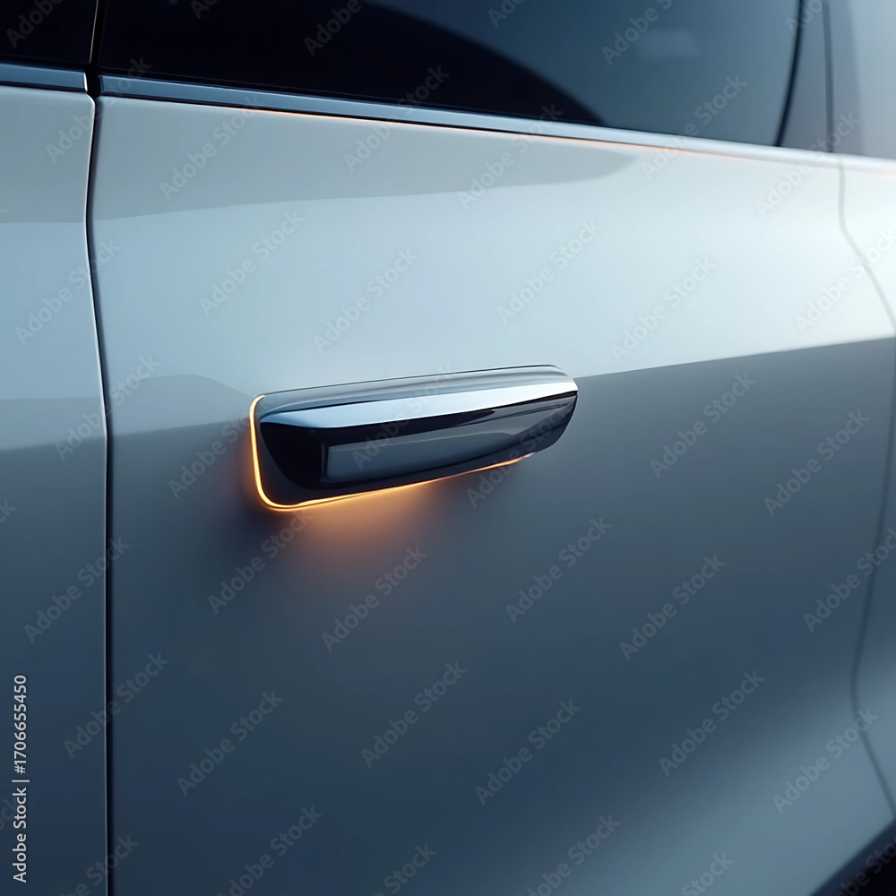 Fototapeta premium Sleek and modern white car door handle featuring elegant ambient illumination, highlighting advanced automotive design and sophisticated vehicle technology with a futuristic aesthetic