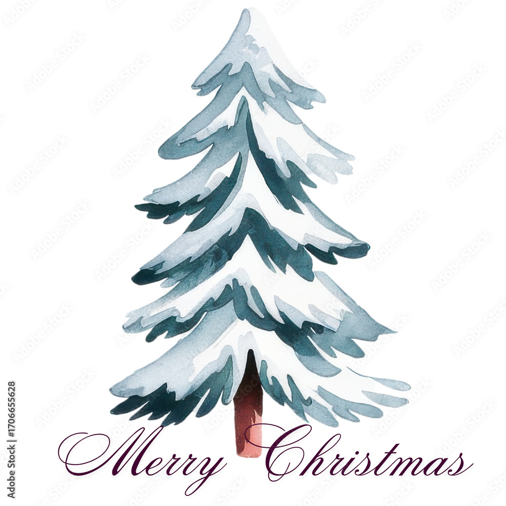 Obraz premium Watercolor Christmas Tree with Merry Christmas Text