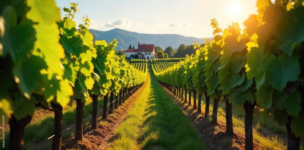 Naklejka premium Sun-drenched rows of grapevines stretching towards a picturesque winery in the heart of wine country Lush greenery, ripe grapes, and the promise of a fine vintage , vineyard rows, clouds