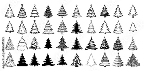 Geometric Minimal Christmas Tree Icons Set black shape vector laser cutting engraving monochrome print
