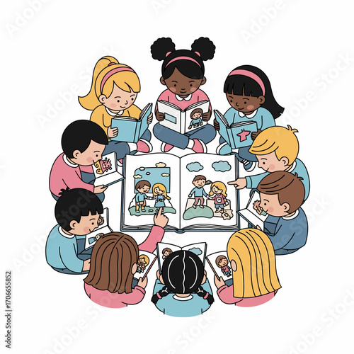 Children gathered around a large open book, looking at pictures and stories.