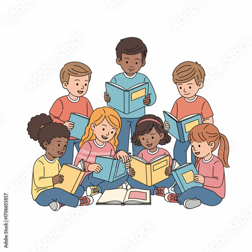 A diverse group of young children sitting together on the floor, happily reading books in an illustration.
