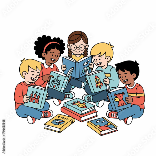 Five diverse children sitting in a circle, happily reading various storybooks together, surrounded by more books on the floor.