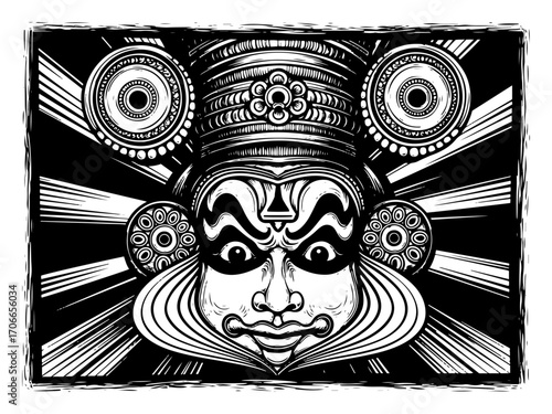 Traditional Indian Kathakali Dancer Mask from Kerala black shape vector laser cutting engraving monochrome print