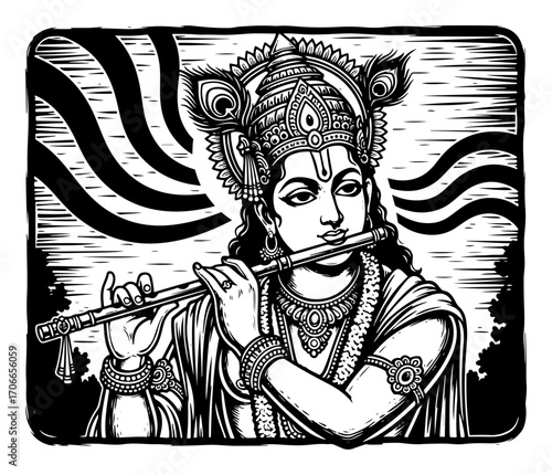 Hindu God Krishna Playing a Flute in a Woodcut Style