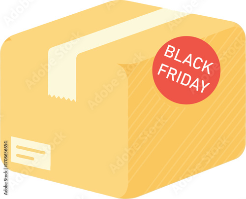vector illustration of a cardboard shipping box with a Black Friday sticker for online holiday shopping and e-commerce delivery.