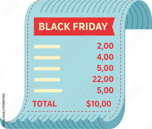 vector illustration of a long sales receipt for a Black Friday shopping transaction showing items and total cost.