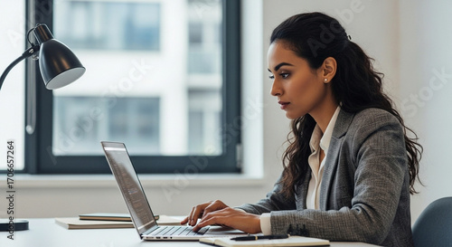 Young professional it specialist latin hispanic business lady working on laptop pc sitting at desk in modern office space. 30s middle eastern indian woman using computer technology app for work online