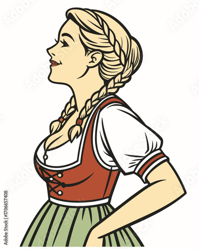 Bavarian German Woman Wearing Traditional Dirndl Dress, Front View, Isolated on white Background