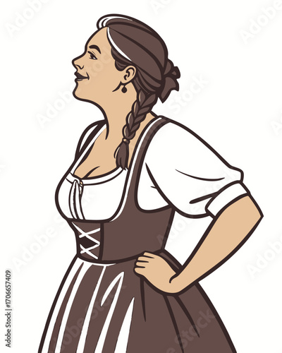 Bavarian German Woman Wearing Traditional Dirndl Dress, Front View, Isolated on white Background