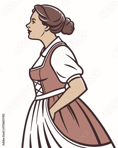 Bavarian German Woman Wearing Traditional Dirndl Dress, Front View, Isolated on white Background