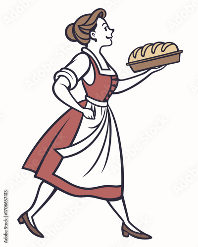 Bavarian German Woman Wearing Traditional Dirndl Dress, Front View, Isolated on white Background