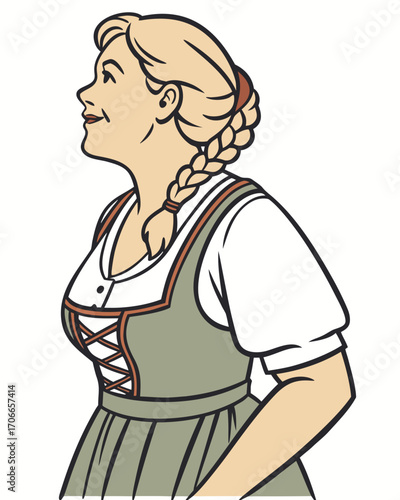 Bavarian German Woman Wearing Traditional Dirndl Dress, Front View, Isolated on white Background