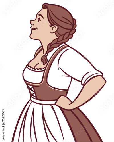 Bavarian German Woman Wearing Traditional Dirndl Dress, Front View, Isolated on white Background