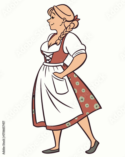 Bavarian German Woman Wearing Traditional Dirndl Dress, Front View, Isolated on white Background