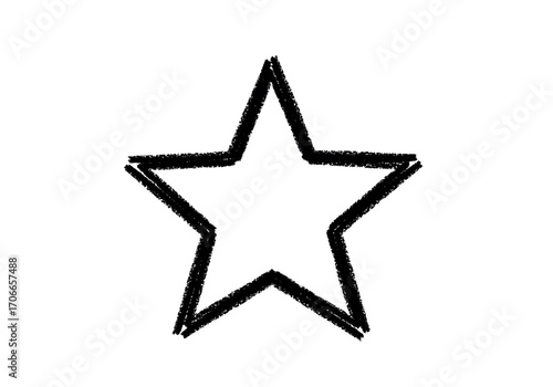 Bold Crayon Star: Hand-Drawn Five-Pointed Star Outline with Rough, Textured Black Lines Against a Clean White Background, Evoking Childlike Wonder and Artistic Simplicity!