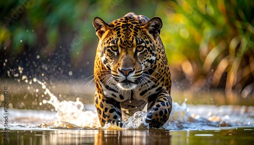 A large cat, with spotted fur, charges directly forward through shallow water, creating splashes against a blurred natural backdrop