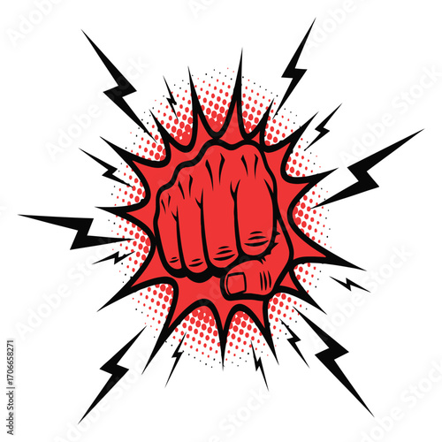 Powerful red fist punch explosion with lightning bolts dynamic comic style action.