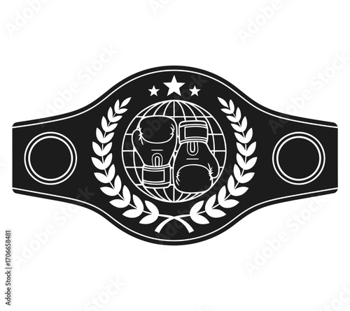 Boxing championship belt emblem with globe and gloves wreath icon.