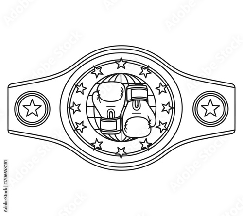 Boxing championship belt icon with gloves globe and stars graphic representation.