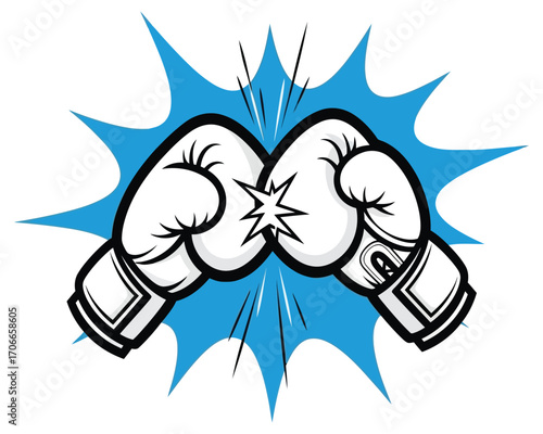 Boxing gloves clash intense impact dynamic competition sport action graphic.