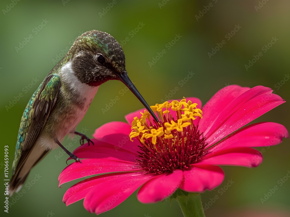 Fototapeta premium Hummingbird and Flower: A vibrant hummingbird, its iridescent plumage shimmering, delicately sips nectar from a vividly colored flower.