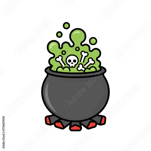 Spooky green poison brew with a skull and bones bubbling in a witch's cauldron over a fire