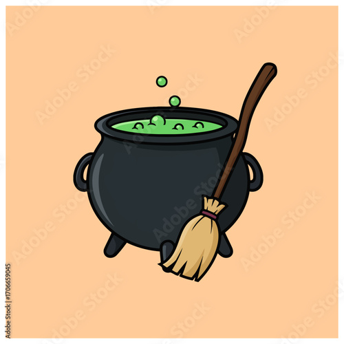 Witch's cauldron with bubbling potion and broomstick for Halloween celebration