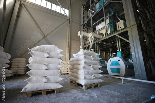 Flour bags in a mill stock image