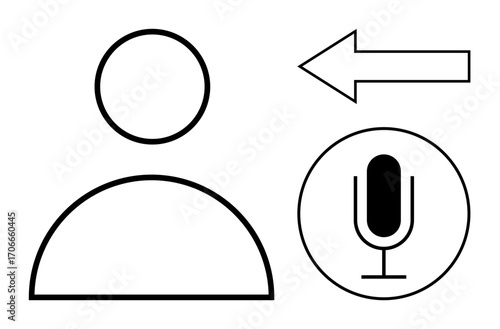 Person icon, circular microphone, and arrow indicating voice input direction. Ideal for technology, audio communication, user interface, voice assistance, speech recognition, podcasting and simple