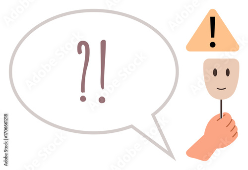 A hand holds a two-sided mask showing happy and warning signs beside a speech bubble with punctuation marks. Ideal for communication, emotion, psychology, expression, conflict, awareness
